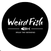 weird fish logo in white on a black circle