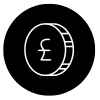 The British Pound symbol on a coin icon placed on a black circle to depict driving repeat purchases