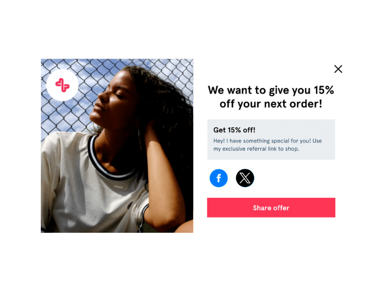 Image illustrating a customer sharing a brand's Refer a Friend offer to get a percent off their shopping if their friend purchases. The sharer can get 15% off if they share via a choice of two social channels: Facebook or X