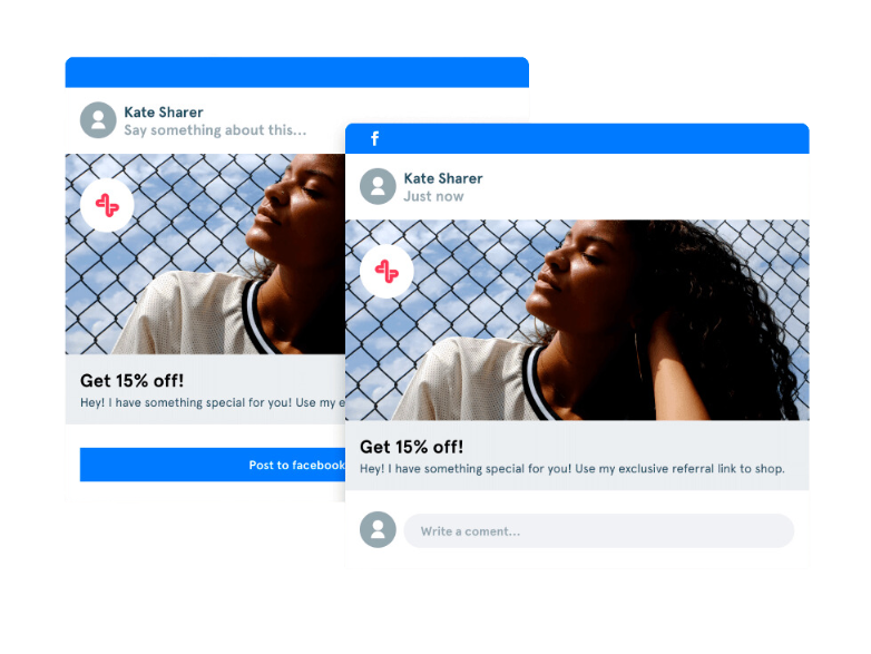 Illustration shows an example of what a refer a friend offer shared to a customer's facebook looks like. The offer is to get 15% off the brand if shared with friends and family