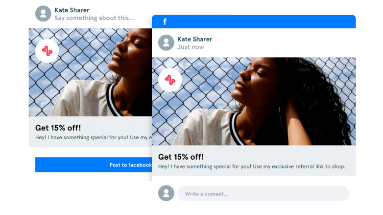 Illustration shows an example of what a refer a friend offer shared to a customer's facebook looks like. The offer is to get 15% off the brand if shared with friends and family