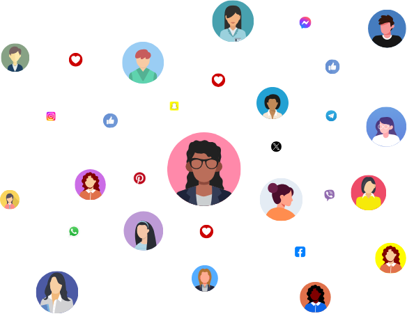 Illustration of diverse people connected through social media and referral networks