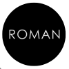 Roman logo in white on a black circle