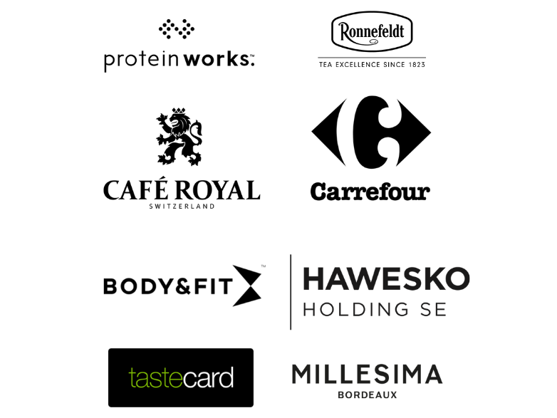 Food & Drink brand logos using Soreto: Protein Works, Carrefour, Café Royal, Millésima, Tastecard